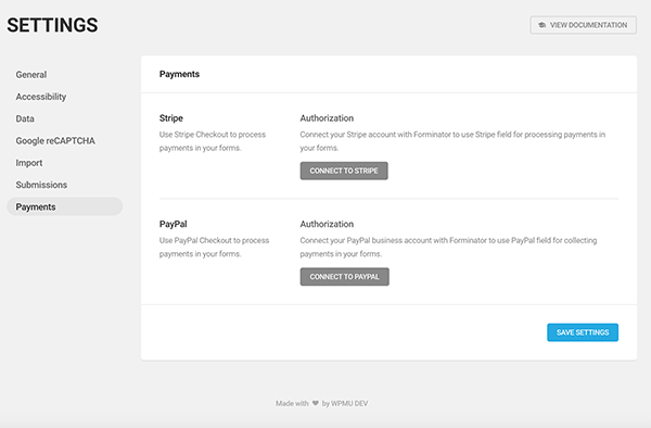 Settings area for Stripe and PayPal in Forminator.