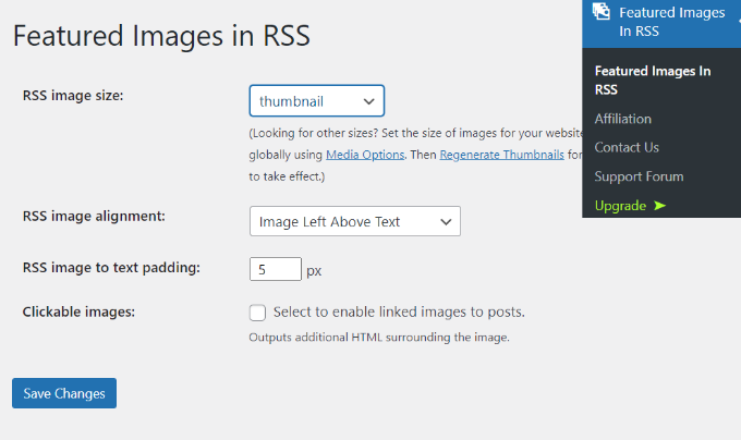Featured images in RSS settings