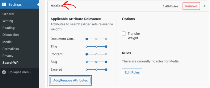 Click Add/Remove Attributes in the Media Section