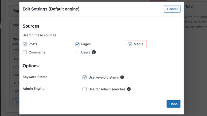 pdfsearchwpmediacheckbox Make Sure the Media Box Is Checked