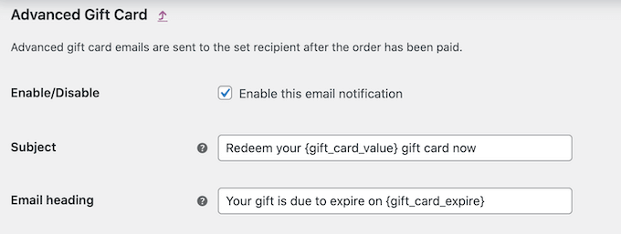Customizing the gift card email template