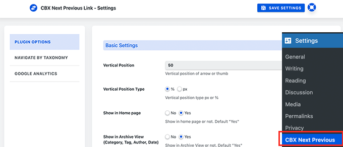 Next and previous link plugin settings