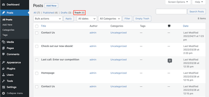 The WordPress 'Trash' tab